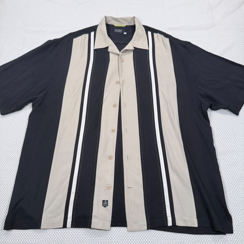 Nat Nast Luxury Originals Black Beige Silk Vertical Stripe Camp Shirt Size XL
